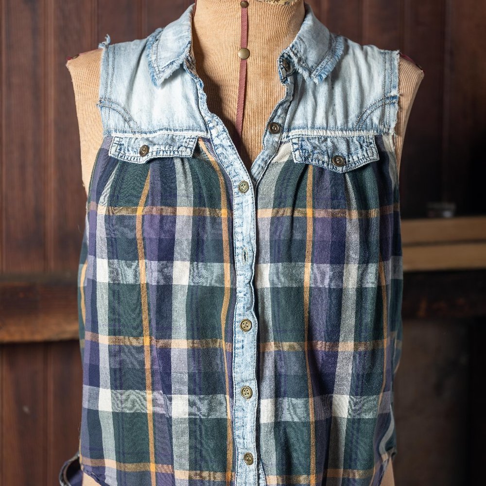 Adorable Soft Cotton Plaid and Denim Sleeveless Top